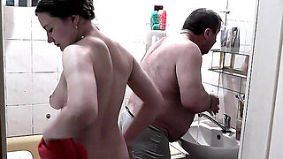 Pervert Husband Wife Watches As Beautiful Cute Sweet Girl Takes Shower. Old Man Masturbates